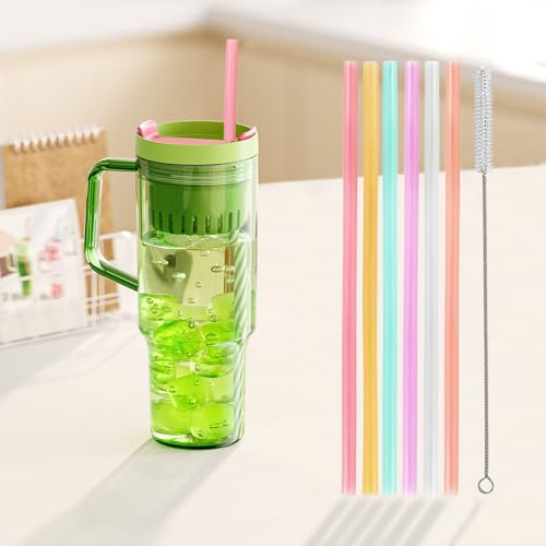 Minicoco 6 Pack Reusable Smoothie Straws Reusable Colorful Straws Smoothie Straws Great for Bubble & Boba Tea, Milkshakes - 8 mm X 9.25,Plastic Straws with Cleaning Brushes Eco Friendly