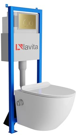 Lavita LAV 101 Vorwandelement für WC 40cm + Wand Hänge Tiefspül WC SALTO Weiß Spülrandlos + Bedienplatte LAV 200.4.5 Gold | Komplettset | Unterputz Spülkasten | Toilette Komplett Sett