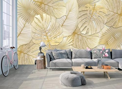 Papier Peint Panoramique Feuille de palmier tropicale dorée modèle 3D Murales Panoramique pour Salon Chambre Restaurant Enfant Décoration Murale,150 * 105cm
