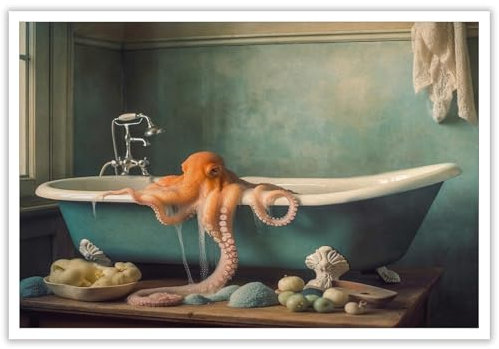 Rubeoxn Oktopus in der Badewanne, Poster, Ozean, Tierdrucke, Gemälde, Badezimmer, Wandkunstdruck, skurriles Tier, Wandkunst, lustiger Oktopus, Wandkunst, 30,5 x 40,6 cm, ungerahmt