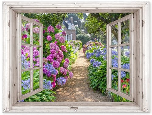 MuchoWow© Gartenposter Groß XXL Outdoor Bilder Gartendeko für draußen | 160x120 cm - Wetterfest Sichtschutz Garten Deko PVC Banner Bild Hortensie - Fensterblick - Blumen - Sommer - Lila