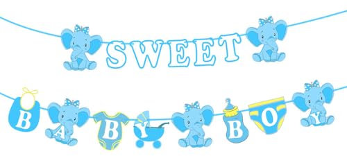 DazzJoy Elefant Gender Reveal Party Deko Girlande Blau, Sweet Baby Boy Babyparty Deko Banner, Babyshowerparty Deko Junge, Baby Party Dekoration für Geburtstagsdeko, Kindergeburtstag, Babyzimmer Deko