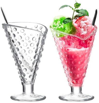 binsakao Milkshake Lot de 2 verres à sundae avec cuillères – Verres à soda à l'ancienne, verre Hobnai pour crème glacée (230 ml, transparent)