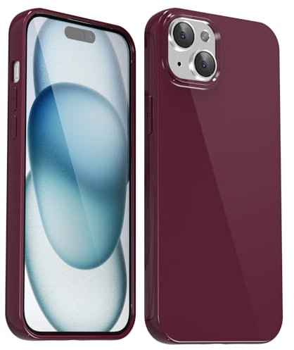 Svanove for iPhone 15 Plus Case Silicone, Glossy Soft Rubber Gel Jelly Cute Protective Plastic Simple Plain Phone Case Cover for Women Girl, Slim Thin Flexible Shockproof TPU, Burgundy Wine