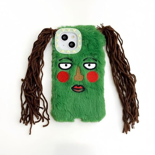 Cartoon Spoof Ugly Braid Girl Phone Case For iPhone 11 12 13 14 15 Pro Max Cute Plush Spoof Ugly Braid Big tongue ugly doll phone case Creative and funny Warm plush phone case Shockproof Suitable for