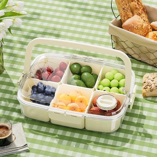 GLAMFORT Divided Serving Tray with Lid and Handle, Portable Snack Box with 6 Compartments, Clear Snack Tray for Fruit, Candy, Veggie, Nuts, Spices, Snacks, Perfect for Party, Travel, Picnic