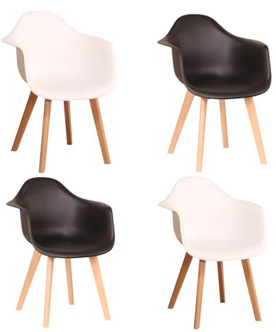 EGOONM 4er Set Esszimmerstuhl mit Beinen aus Buchenholz, Nordische Stühle für Schlafzimmer, Wohnzimmer, Küche (Weiß+Schwarz)