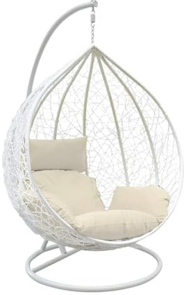 Holywarm Rattan Swing Chair with Cushion | Indoor Outdoor Hanging Wicker Egg Chair & Stand | White Garden Balcony Hammock (Max 265 lbs)