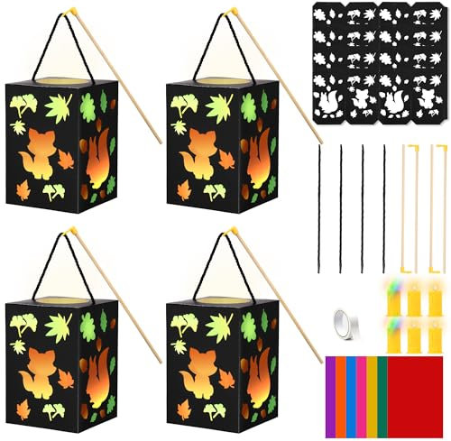 Herenear Set de 4 linternas para niños, linternas de San Martín, linternas de animales del bosque con LED y efecto vidriera, desfile de linternas de San Martín (Fox and Squirrel)