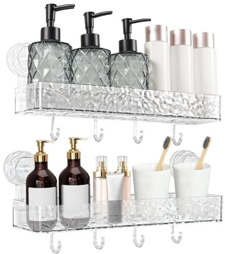 Votoko Étagère Salle de Bain, Lot de 2 Étagères de Douche Sans Perçage avec 4 Ventouses et 8 Crochets, Étagère Murale Salle de Bain pour Salle de Bain et Cuisine(Blanc)