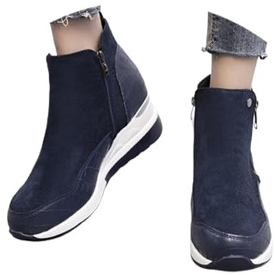 2024 Stivaletti Sportivi Ankle Boots Da Donna Con Zeppa Stivali Da Neve Caldi Autunno Inverno Stivali Corti In Pelle PU + Pelle Scamosciata Con Lcerniera Scarpe Alla Caviglia Da Esterno(Blue,37 EU)