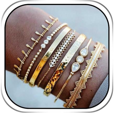 Evlry Boho-Armband-Set mit mehrlagigen Kristallen, goldene Quaste-Armreif, Strass-Handkette, verstellbar, Schmuck für Damen (7 Stück)
