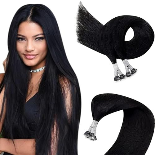 Easyouth Nano Ring Haarverlängerung Echthaar Pechschwarz Nanoring Extensions Echthaar 45cm Nano Ring Extension Schwarz #1 50 Stück 50g