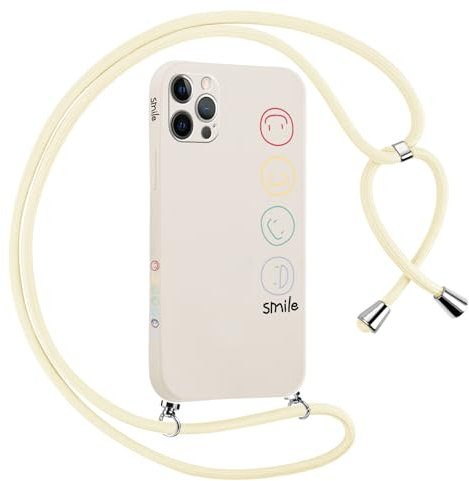 Yirlbey Funda con Cuerda para iPhone 12 Pro MAX 6,7 Pulgadas Dibujos Sonrisa Silicona Carcasa Telefono Cordon Correa Colgante para Movil Collar Extraible, Suave Antigolpes Ultra Fina Mujer Case