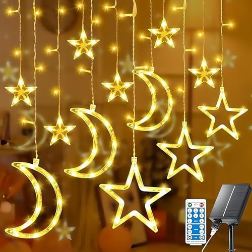RJEDL Solar Lichterkette Aussen, 138LED 3.8M Wasserdicht Solar Ramadan Licht Stern Mond Lichterketten, Mit 8 Modi & Timer und Speicher Lichterkette Außen Solar Star