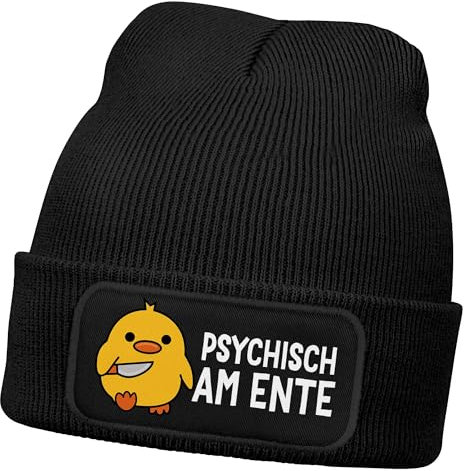 MoonWorks® Herren Beanie mit Patch Strickmütze Spruch Meme Psychisch am Ente Lustig Mütze Männer Schwarz Unisize