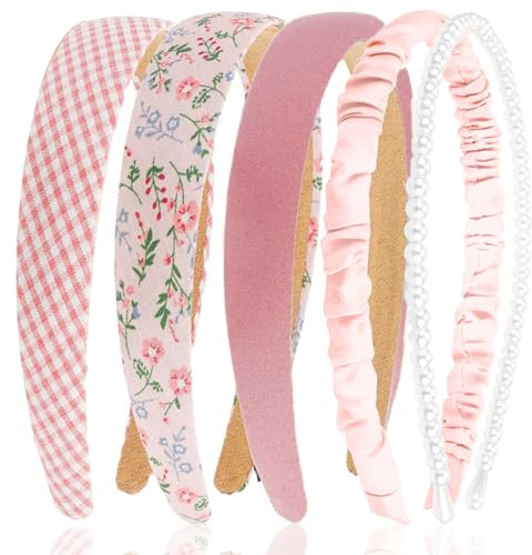 GGUFAY Cerchietti Per Capelli Donna 5 Pezzi - Fascia Con Perle Quadri Rosa Fiori Seta Arricciata - Set Accessori Capelli Eleganti Per Occasioni Speciali - Colori Rosa