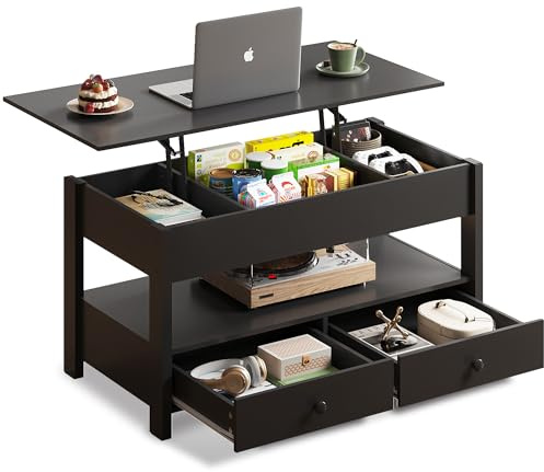 WLIVE Coffee Table 100cm, Lift Up Coffee Table with 2 Drawers, Large Hidden Hidden Compartment and Open Shelf, Lift Tabletop, Dining Table for Living Room, Black