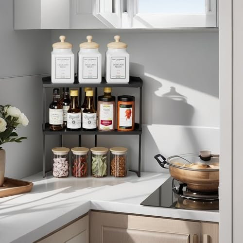 SHBaizoy 2 Stück Stapelbar Küchenschrank Organizer,Metalle Eckregal Küchen Organizer,Badezimmer Lagerung mit Anti-Rutsch Matte,Regaleinsatz für küchenschrank,für Küche/Bad/Tischplatte. (2, schwarz)