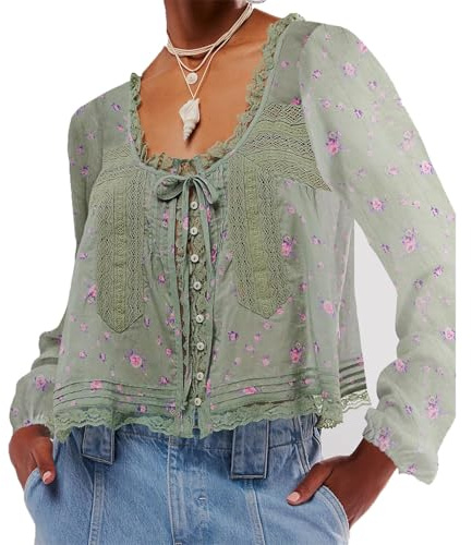 FeMereina Women Lace Tie Front Top Y2k Coquette Long Sleeve Button Up Chiffon Cardigan Flowy Boho Peplum Shirt Going Out Tops