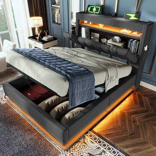LAKFEW Einzelbett Polsterbett 90x200 cm mit LED-Kopfteil und USB-Typ-C, Hydraulisch Bett mit Stauraum, Bettgestell mit Lattenrost aus Holz, Schlafzimmer Möbel, Ohne Matratze, Leinen, Grau
