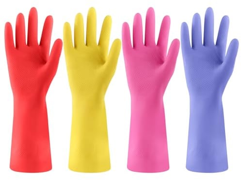 FCTTD Rubber Kitchen Dishwashing Gloves - 4 Pairs Colorful Reusable Cleaning Gloves for Kitchen Washing Dishes and Household Cleaning (Medium)