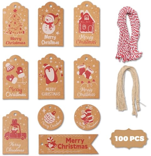 100 Stück Geschenkanhänger Weihnachten - Kraftpapier Etiketten - Weihnachten Anhänger Geschenk für Geschenkverpackung & Weihnachtsdeko