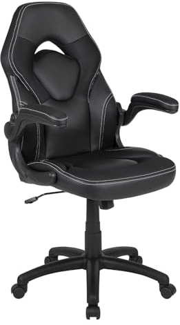 FWStyle Ergonomic Racing Style Desk Chair – Black Faux Leather & Fabric with White Stitching – High Back Office Gaming Chair with Flip-Up Arms, Adjustable Tilt & Height