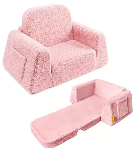 BanaSuper Canapé-lit Enfant Convertible, 2-en-1 Fauteuil Pliable, Rose | Fauteuil-Lit pour Enfant, Housse Lavable en Machine, Mousse Haute Densité, Base Stable Anti-Bascule, Fermeture Éclair Cachée