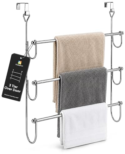 FB FunkyBuys Over Door Towel Rail - 3 Tier Over Door Clothes Airer - Chrome Over Door Drying Rack (48.5cm, 10cm, 54cm)