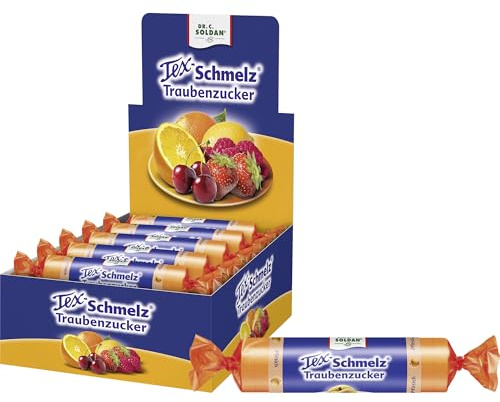 Tex-Schmelz Traubenzucker Pfirsich 660g – 20 Rollen – Großpackung – Natürlicher, fruchtiger Traubenzucker, gluten- & laktosefrei, 20x33g