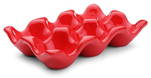 Flexzion Hueveras de cerámica, -6 tazas, Hueveras para frigorifico de diseño moderno, Bandeja para huevos de gallina, Organizador decorativo para los huevos de Pascua, Rojo