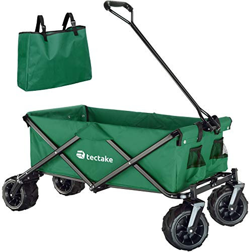 tectake® Folding Garden Trolley with 4 Wheels, Removable Tarpaulin, Sturdy Steel Frame, 2 Mesh Pockets & Extra Wide Tyres, Incl. Carry Bag - 80kg Capacity Trolley on Wheels for Festival - Green