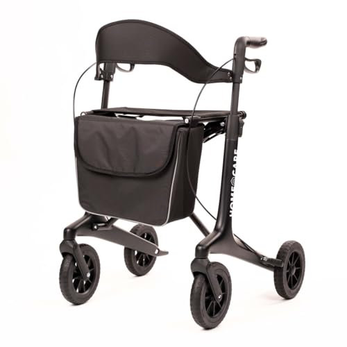 Homecare Innovation Premium Leichtgewicht-Carbon Rollator, 5,4 kg – Tragkraft 150 kg – Mit großen Soft-Rädern – Faltbar – Inklusive Luxustasche – Mit Feststellbremse und stabiler Rückenlehne (Schwarz)