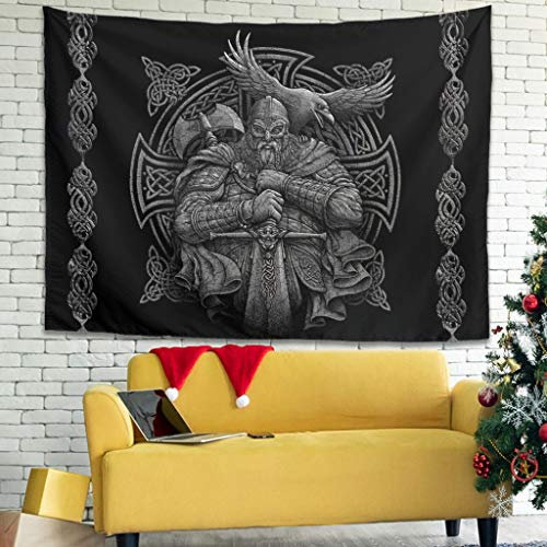 Grau Wikinger Odin Axt Schwert Rabe Kreuzknoten Tattoo Wandbehang Tapisserie Gobelin Geheimnisvoll Wandkunst Wohnzimmer 150x130cm