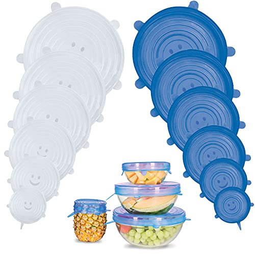KEPLIN 12x Silicone Stretch Lids, Expandable Fits Container Shapes, Dishes or Bowls - Healthy Clean Food Storage, Fit Shape of Dishes & Bowls - Dishwasher, Microwave & Freezer Safe (Blue & White)