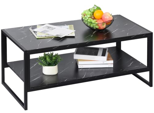 HOMCOM Tavolino da Caffè Nero da Salotto Effetto Marmo 106x50x45cm Nero | Ripiano Inferiore, Telaio in Acciaio, da Soggiorno o Ufficio, Design Moderno