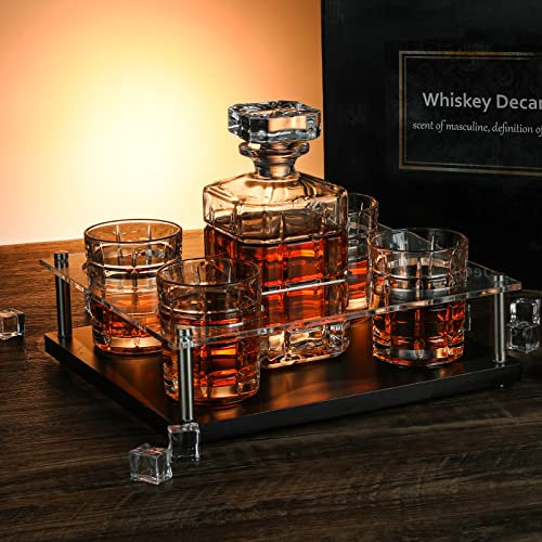Whiskey-Decanter-Set-with-glasses-whisky glass set Decanter 4 Glasses Sets with Wooden Base for Men, Bourbon, Vodka Perfect Present 900 Milliliter