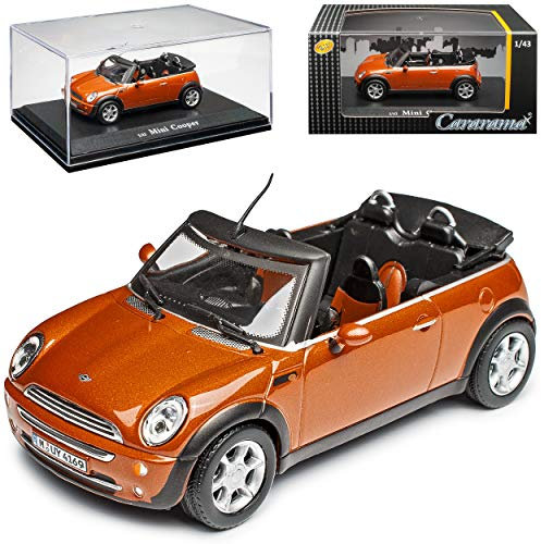 Cararama Mini Cooper Cabrio Orange R52 2004-2008 mit Sockel und Vitrine 1/43 Modell Auto