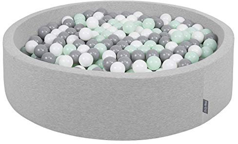 KiddyMoon Bällebad 120X30cm/600 Bälle Rund Groß Bällepool Mit Bunten Bällen Für Babys Kinder, Hellgrau:Weiß-Grau-Mint