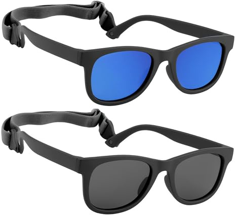 HXS Kids Sunglasses 2-Pack Polarized Toddler Sunglasses with Strap for 2-4 Year Olds, Black & Blue