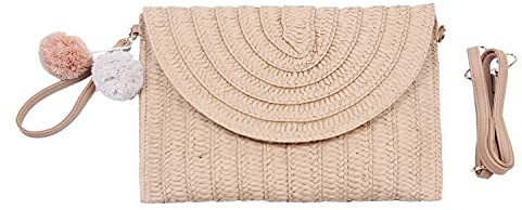 Syrads Sac à main d'embrayage de soirée en paille pour femme Sac à main de plage d'été Sac d'enveloppe tissé en paille,Brun clair