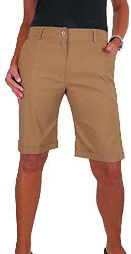 icecoolfashion Womens Stretch Shorts with Pockets Above Knee Length Straight Leg Bermudas with Turn Up Cuffs Camel Beige 8-22 (12)