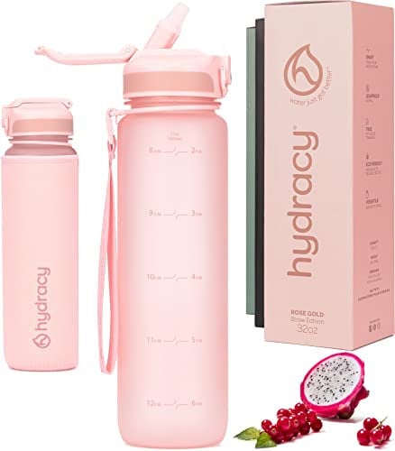 Hydracy Gourde d'Eau 1L sans BPA, Bouteille avec Marqueur de Temps, Paille et Verrouillage Sécurisé - Housse en Néoprène, Étanche, Anti-Fuite, Réutilisable, Légère - Idéal pour Sport, École, Travail