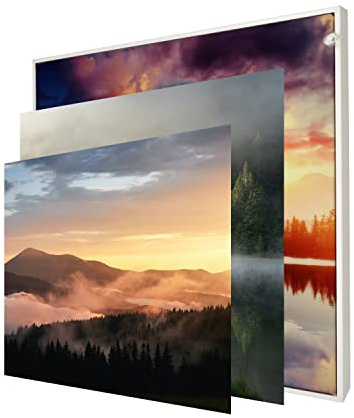 INFORMA LED Bilderrahmen in Weiß Matt, 3 Wechsel Bilderrahmenbezüge Thema Nebel, Rahmenlos, 50 x 50 cm, 27 LEDs, austauschbare Motive mit UV Direktdruck