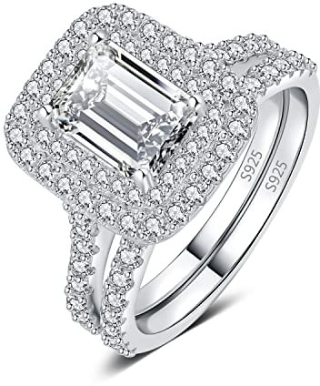 JewelryPalace Smaragdschliff 2.9ct Zirkonia Doppelt Halo Promise Ring Damen, Verlobungsring Silber 925 mit Stein, Damenring Simulierter Diamant Hochzeitsring Trauringe Ehering Band Ring Set Frauen 51