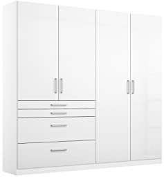 Rauch Möbel Homburg Schrank Kleiderschrank Drehtürenschrank Weiß / Hochglanz Weiß 4-türig mit 4 Schubladen inkl. Zubehörpaket Basic 3 Einlegeböden, 1 Kleiderstange BxHxT 181x197x54 cm