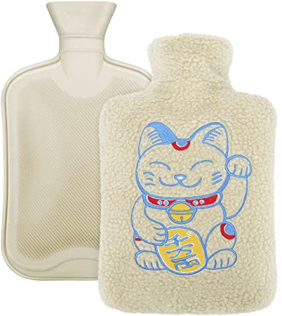Wärmflasche Gummi mit weichem Plüsch japanische Glückskatze Maneki Neko Plüsch Glückskatze Muster Cover (2 Liter) für Krämpfe, Schmerzlinderung, abnehmbare Hot Cold Pack Bett Wärmer