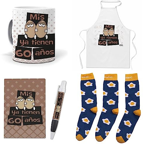 mundohuevo Que Regalar para 60 cumpleaños Hombre. Mis Huevos ya Tienen 60 años. Taza,Delantal, libreta, boli y Trio de Calcetines