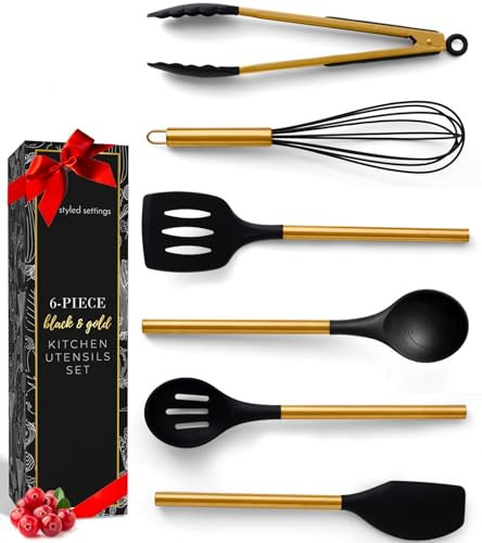 Black and Gold Kitchen Utensils Set - 6-PC Silicone Utensils Set Include Tongs, Whisk, Serving Spoon, Spatula, and Turner for Stylish Cooking and Baking - Black and Gold Kitchen Accessories and Decor